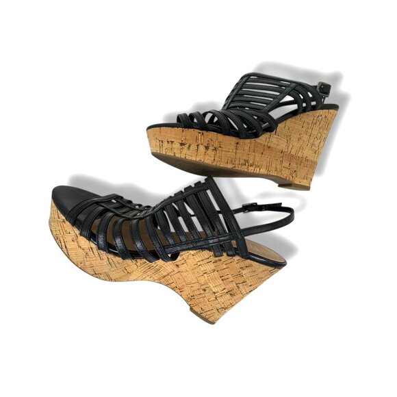 Franco Sarto Sombre Black Strappy Cork Wedge‎ Open Toe Sandals Heels Size 7.5 M - Picture 2 of 9